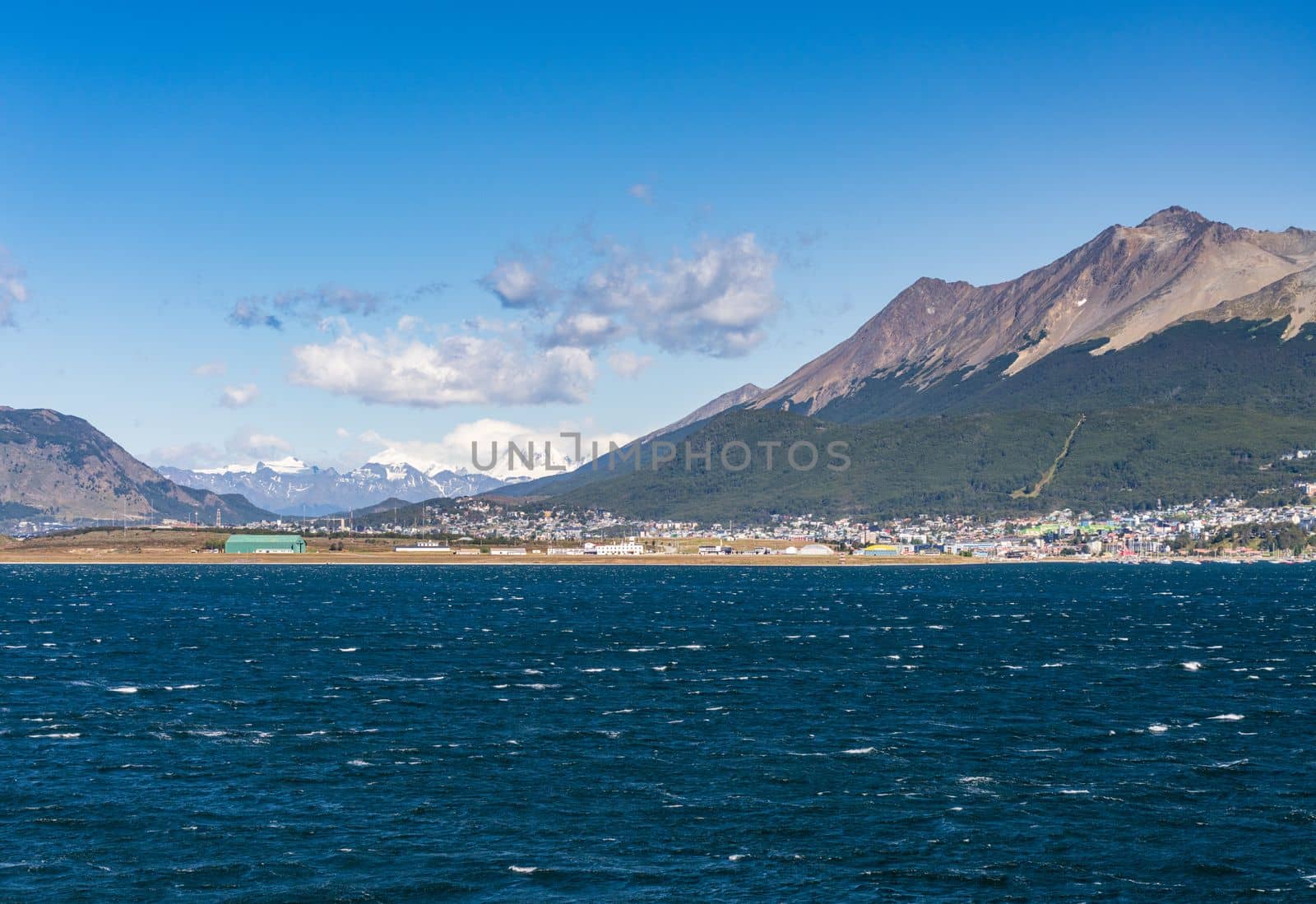 Panorama of the city of Ushuaia in Patagonia Argentina showing the airport