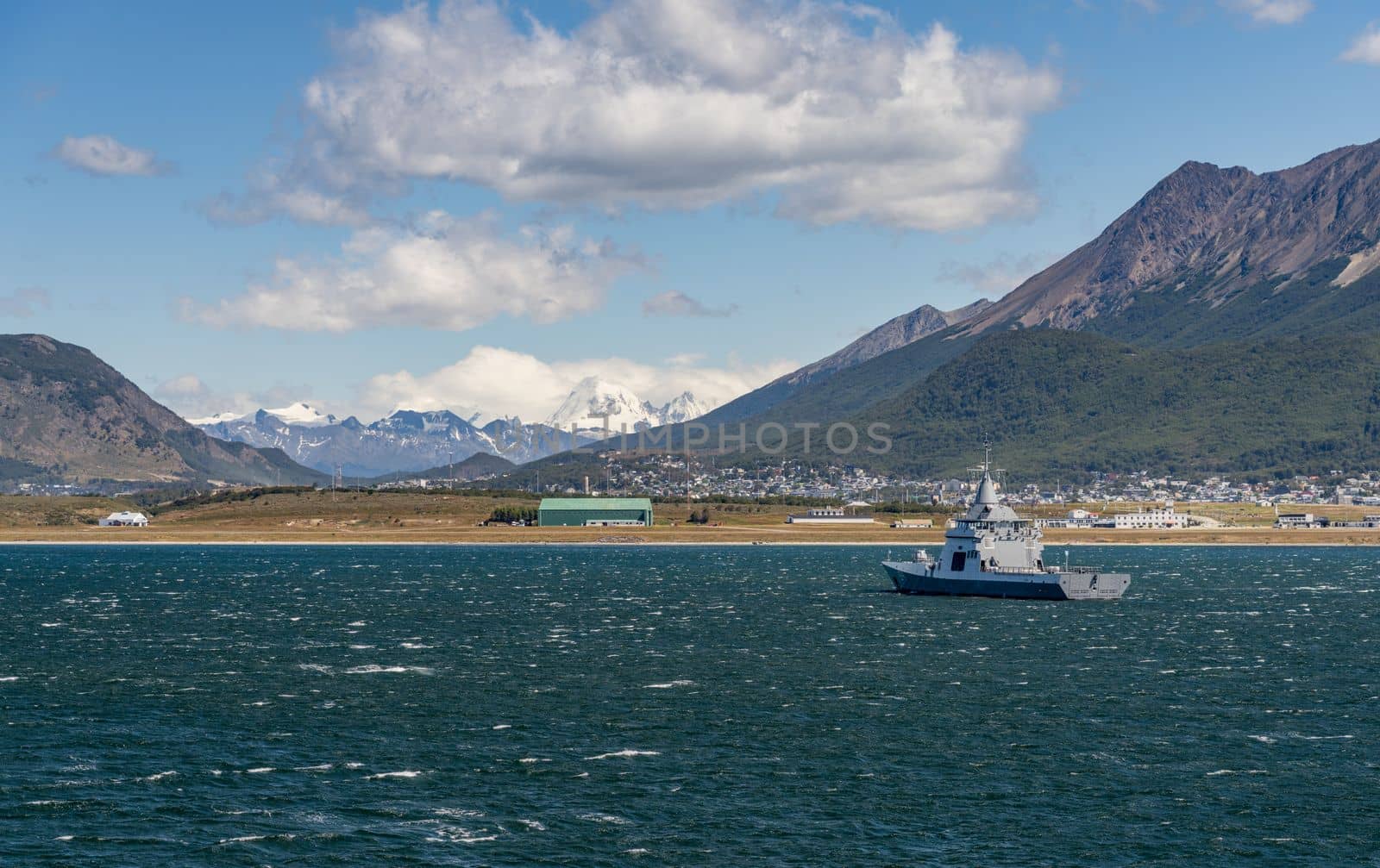 Ushuaia, Argentina - 28 January 2023: Navy frigate at anchor by the airport