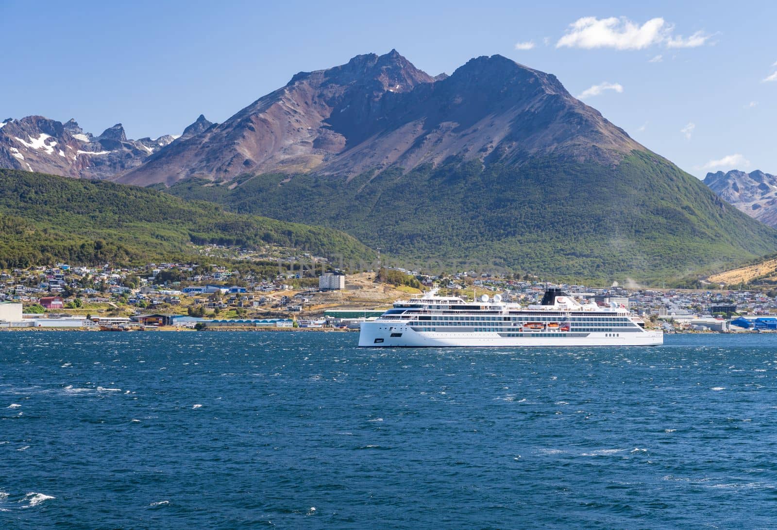 Ushuaia, Argentina - 28 January 2023: Viking Polaris expedition cruise ship at anchor in bay