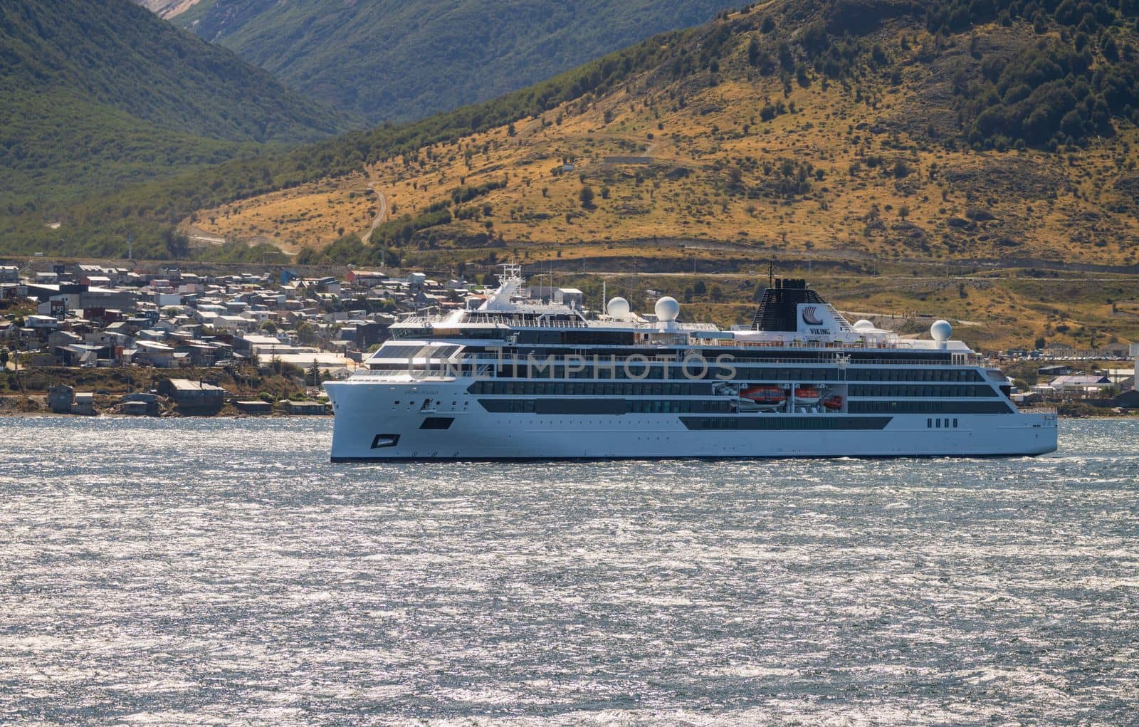 Ushuaia, Argentina - 28 January 2023: Viking Polaris expedition cruise ship showing damage from wave accident