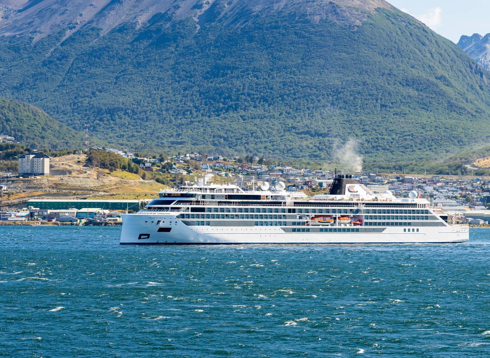 Ushuaia, Argentina - 28 January 2023: Viking Polaris expedition cruise ship showing damage from wave accident
