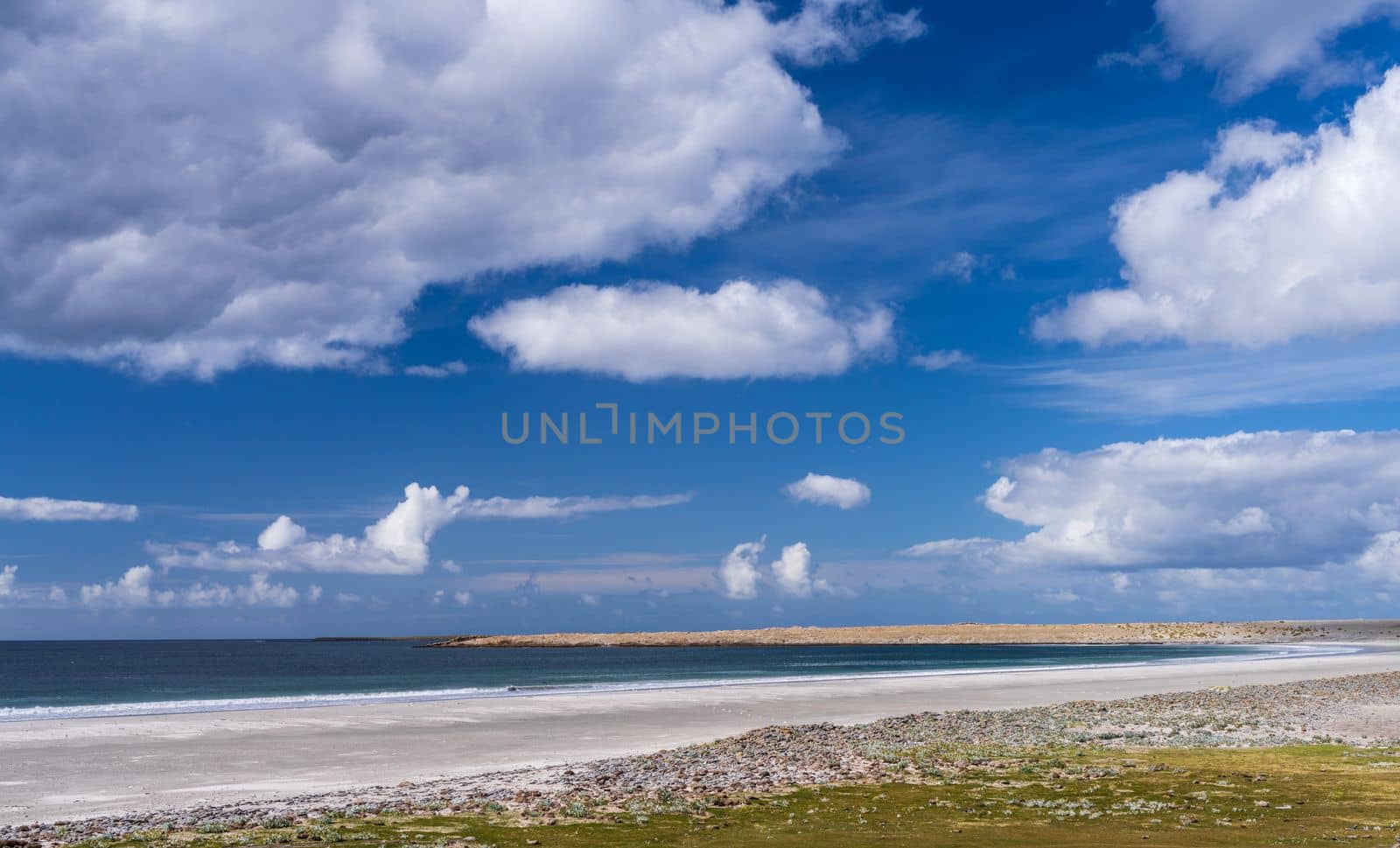 Broad panorama of the beach at Bluff Cove on Falkland Islands