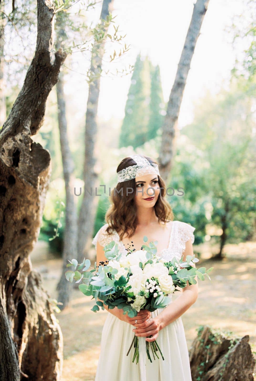 Bride with a bouquet in her hands stands under an old olive tree. High quality photo