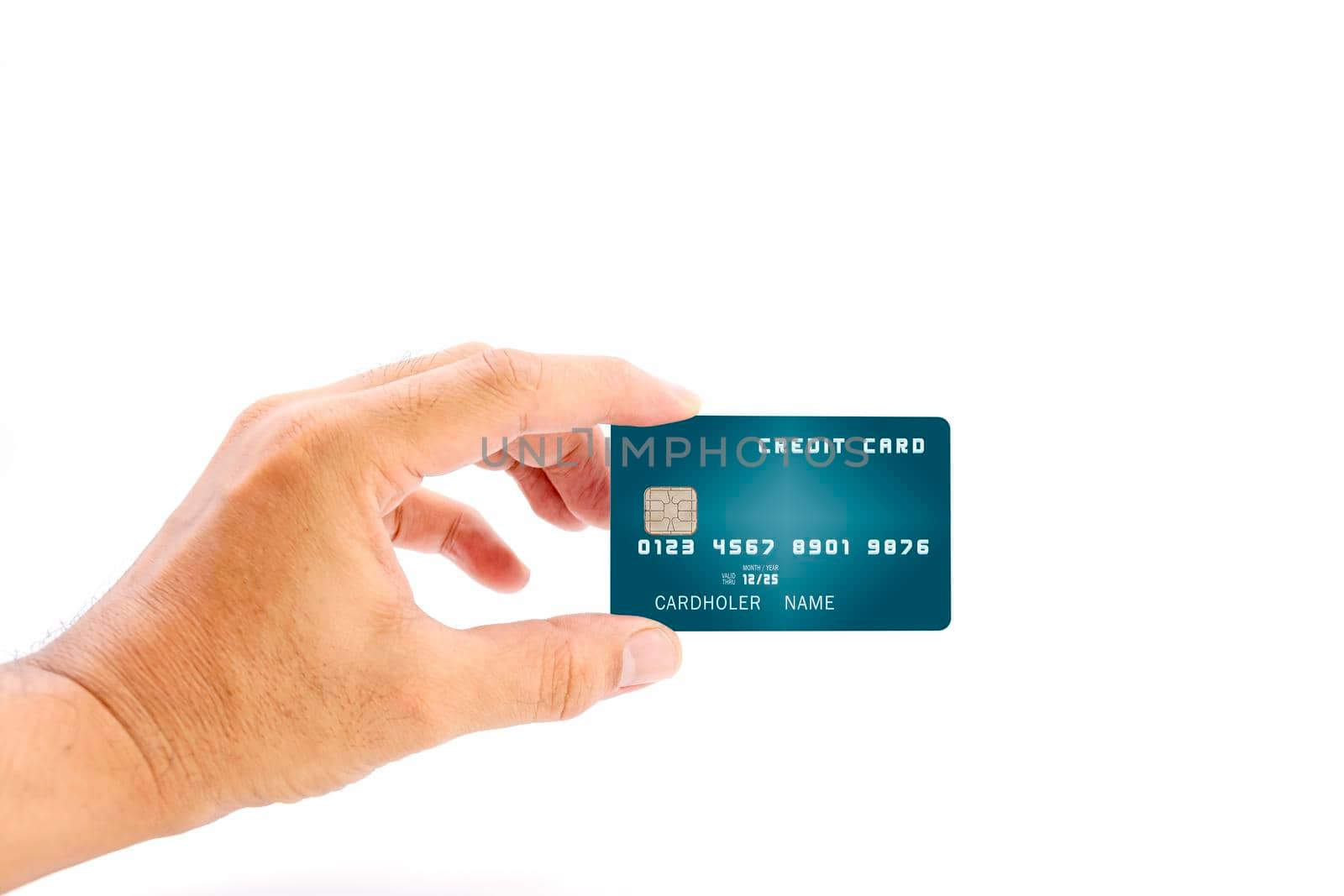 Human hand holding blue color bank credit card on white background, use for business and finance concepts. by wattanaphob