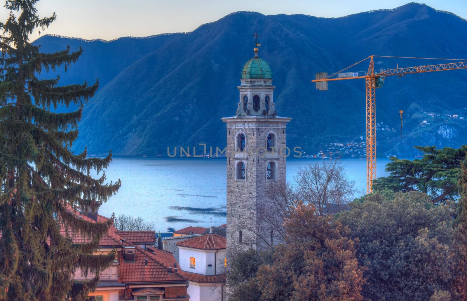 The bell tower of the St. Lawrence cathedral of Lugano taken near the train station.