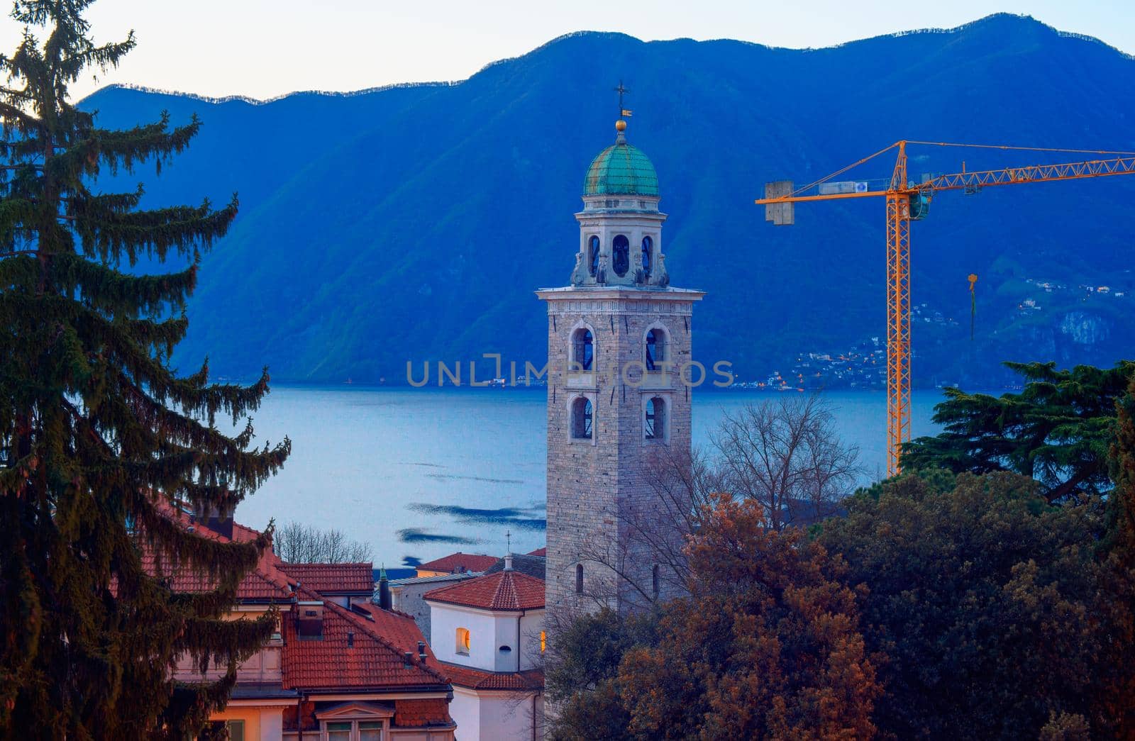 The bell tower of the St. Lawrence cathedral of Lugano taken near the train station.