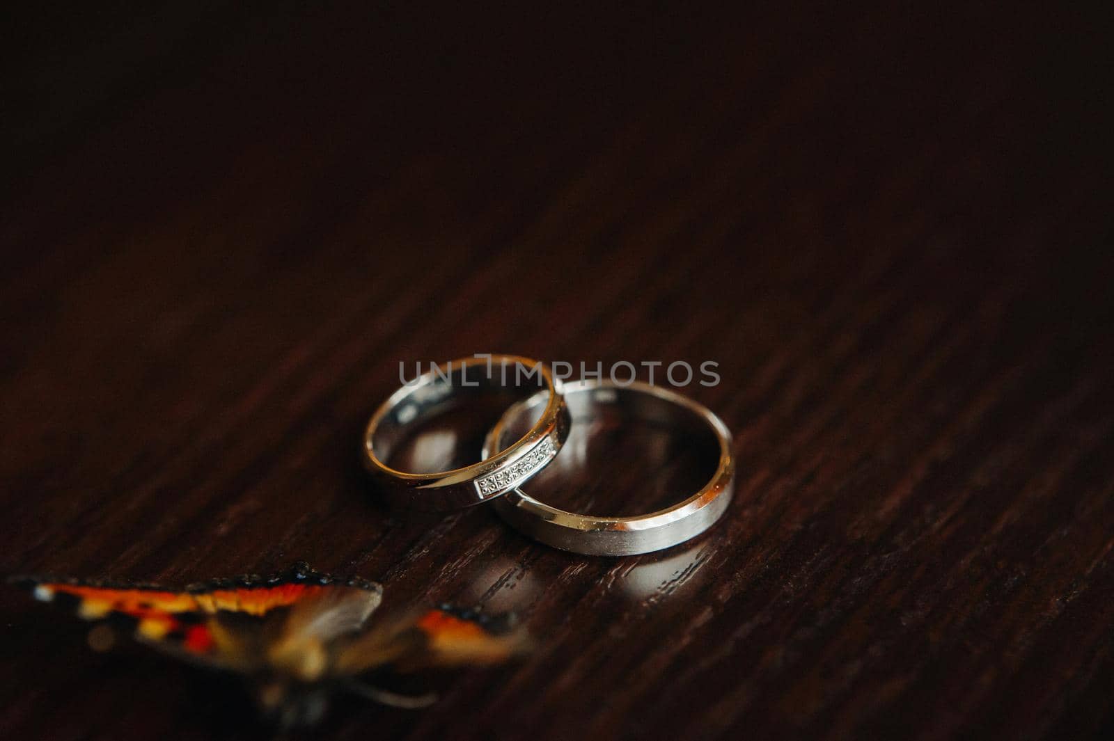 Close-up of two gold wedding rings for a wedding.