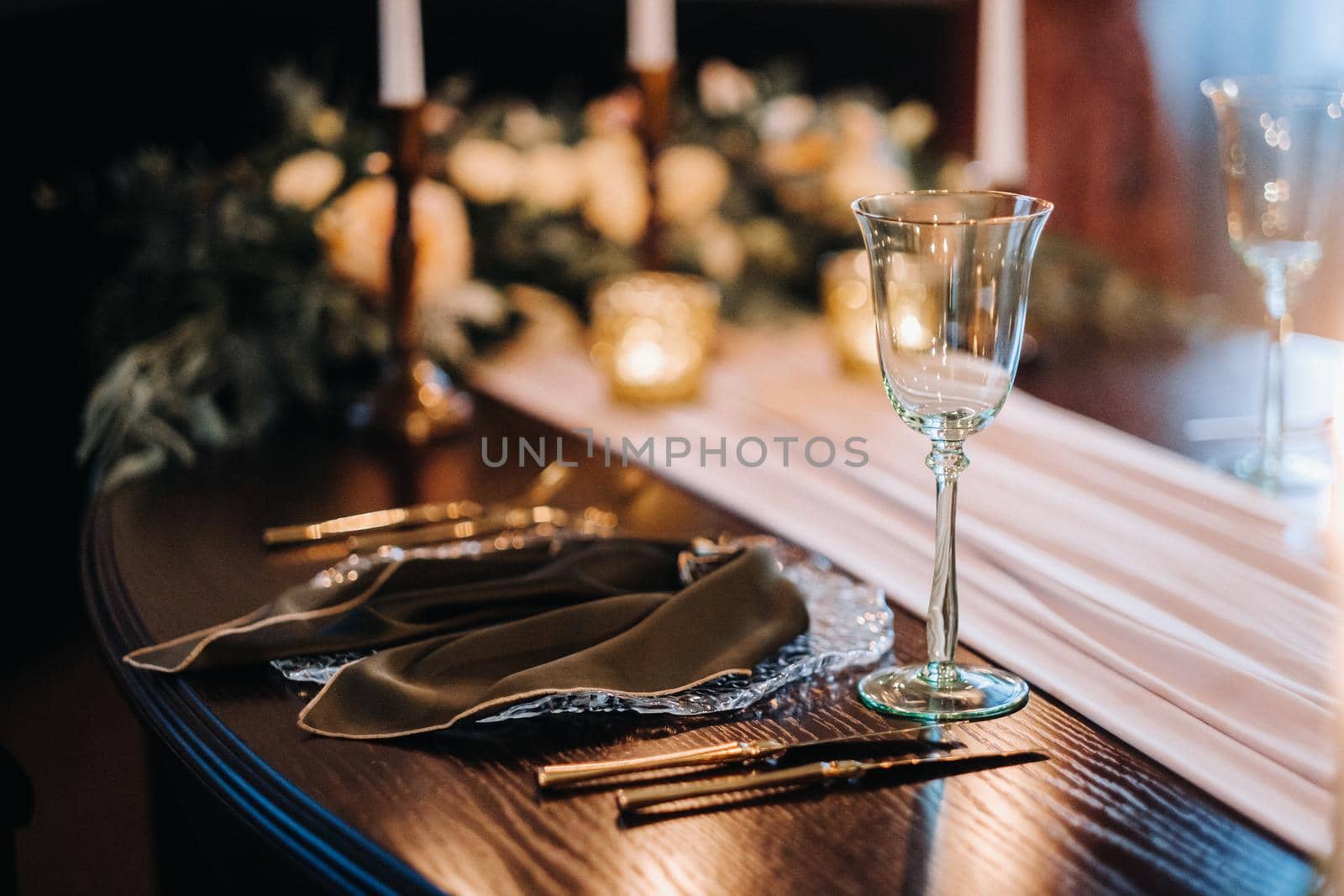 wedding table decoration on the table in the castle, Cutlery on the table.