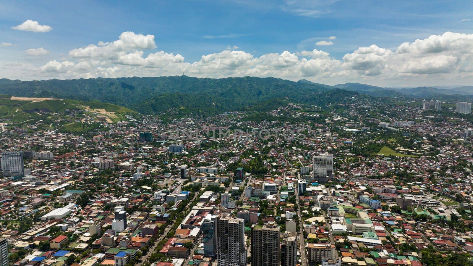 Aerial drone of buildings and skyscrapers in Cebu city. Cityscape in the Philippines.