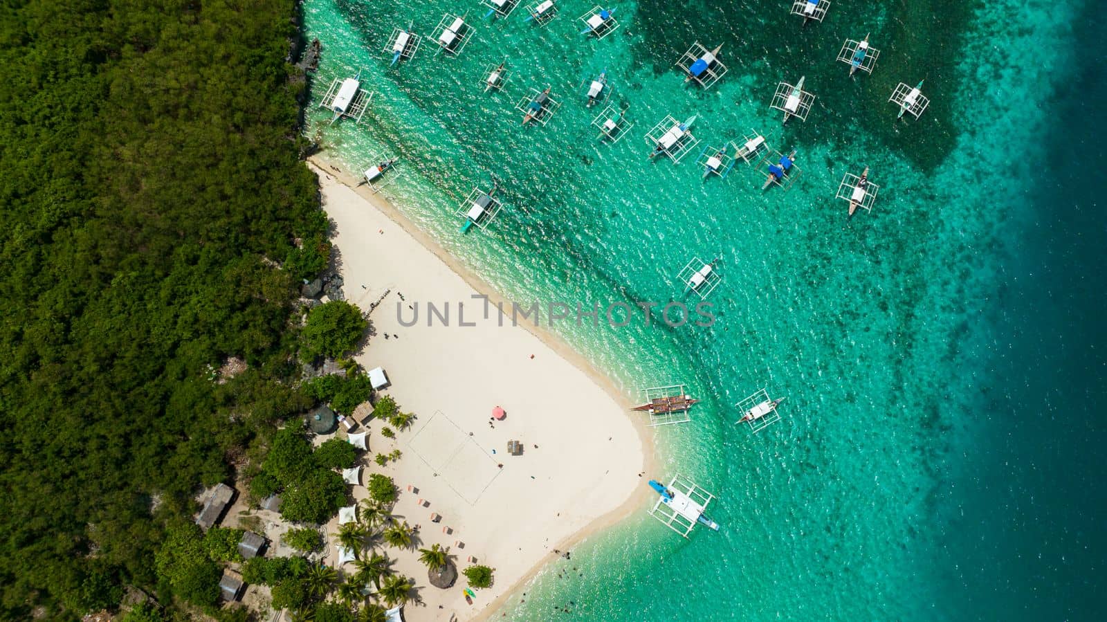 Top view of sland with beautiful beach, palm trees. Virgin Island, Philippines.
