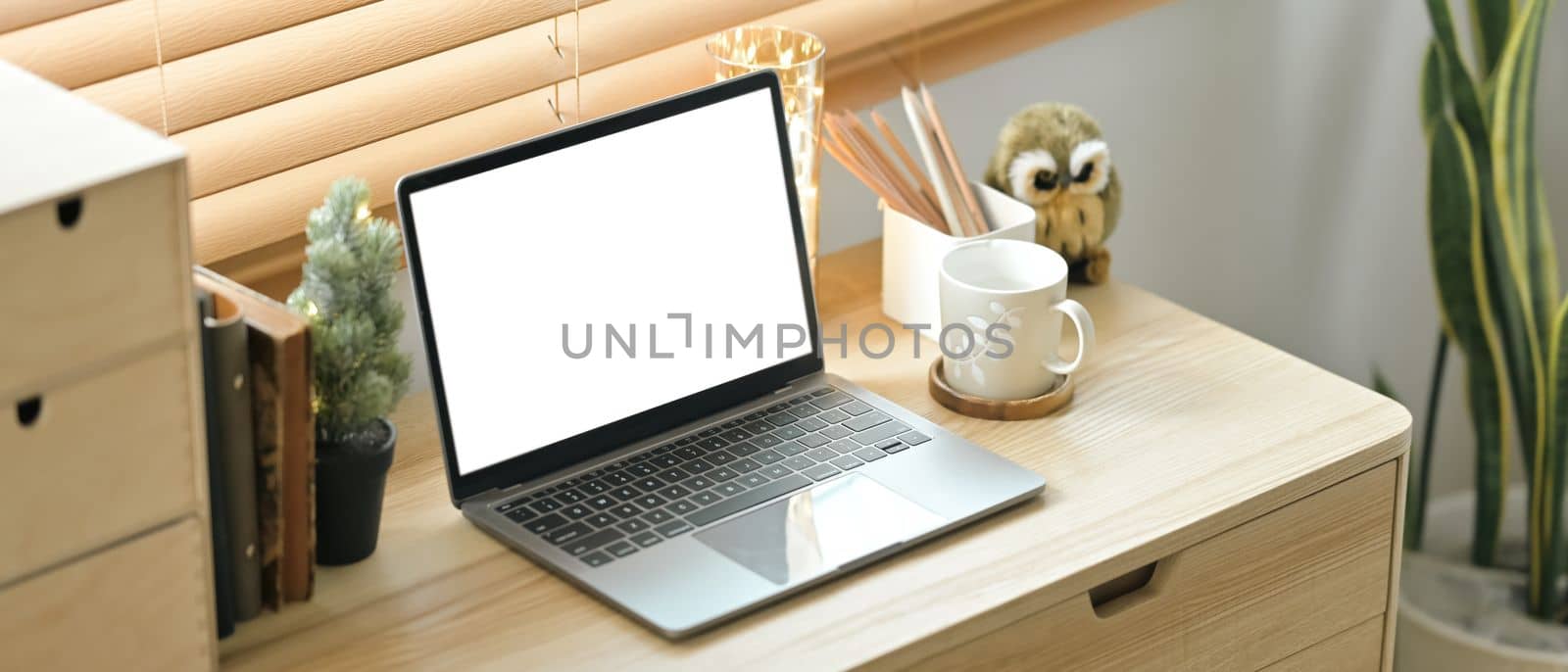 Above view of laptop, books, coffee cup and houseplant on wooden table with sunlight from blinds window by prathanchorruangsak