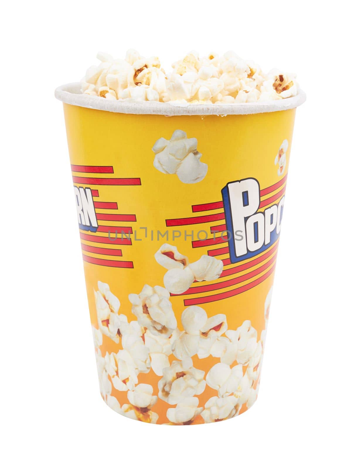 Popcorn in yellow bucket isolated on white background
