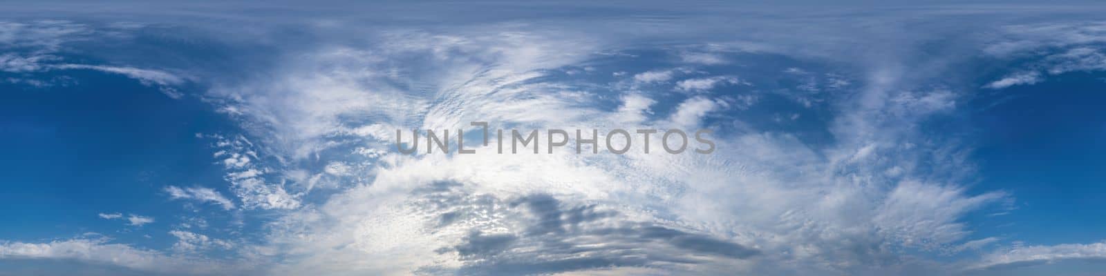 Dark blue sunset sky panorama with pink Cumulus clouds. Seamless hdr 360 pano in spherical equirectangular format. Full zenith for 3D visualization, game, sky replacement for aerial drone panoramas