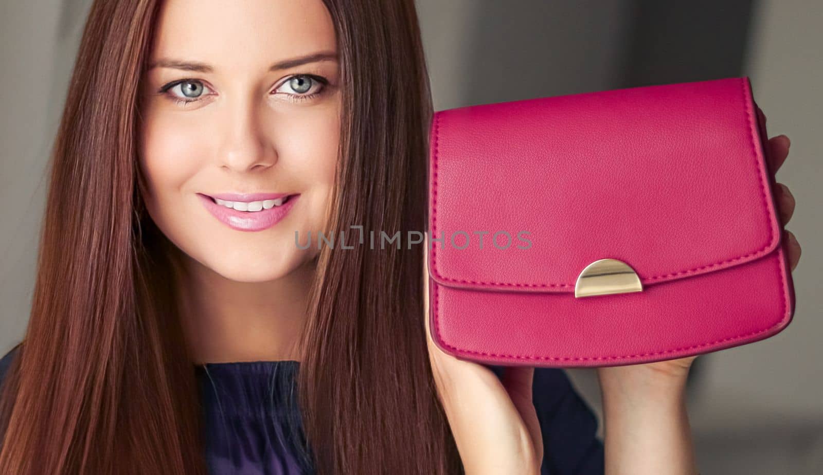 Fashion and accessories, happy beautiful woman holding small pink handbag with golden details as stylish accessory and luxury shopping by Anneleven
