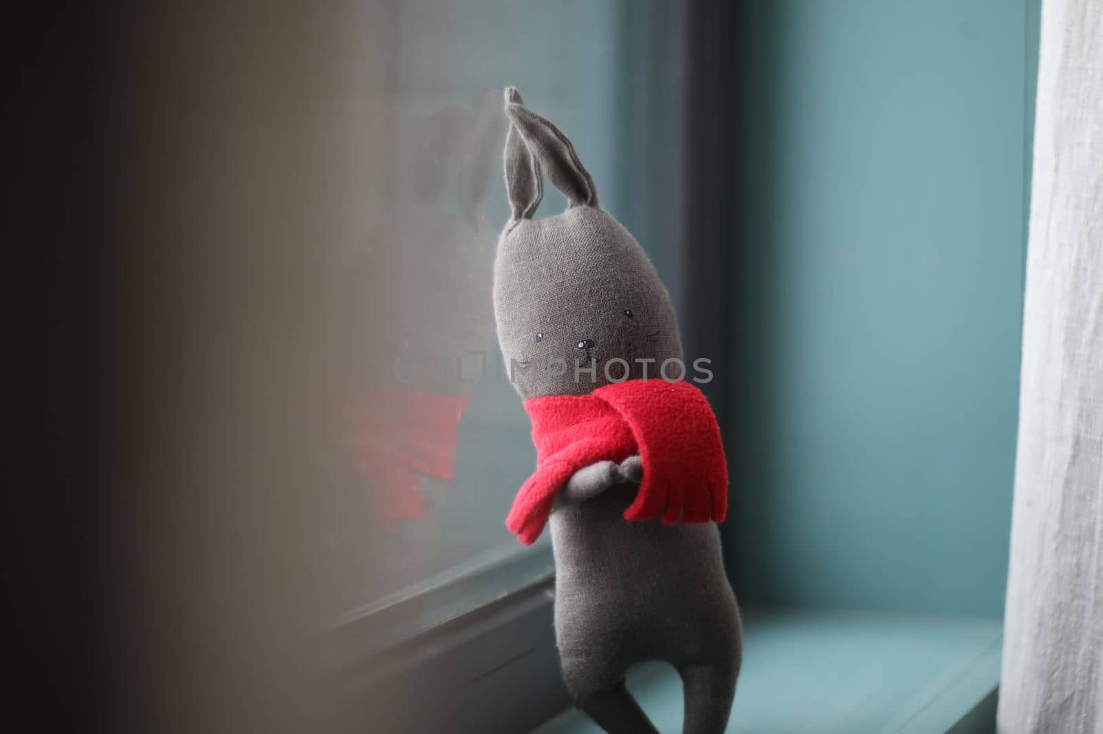 Handmade children toy - soft black Bunny. Toy rabbit. concept of happy childhood.