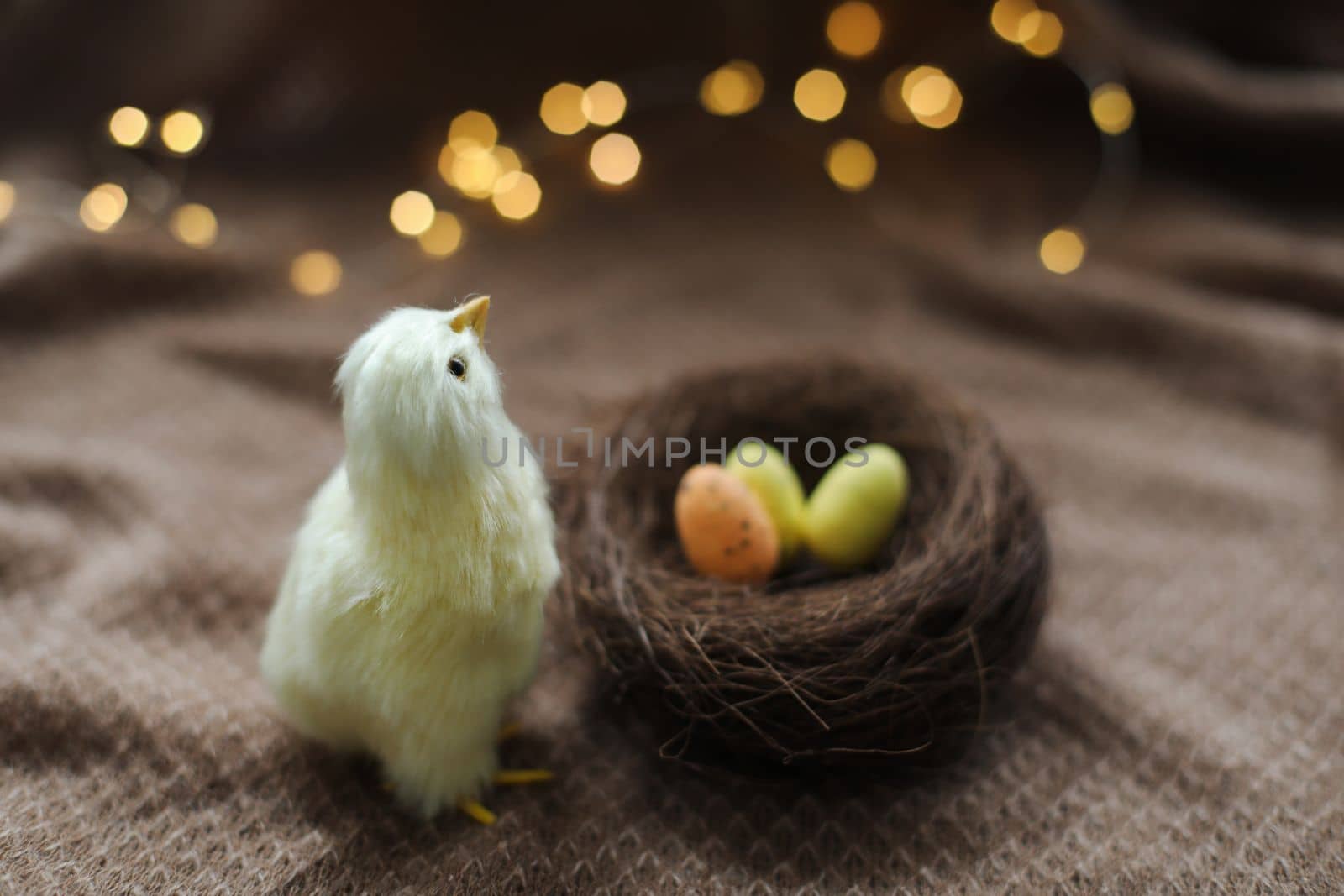 Colorful eggs and yellow chicks. Spring Easter composition. Space for text or design. Easter card or Banner