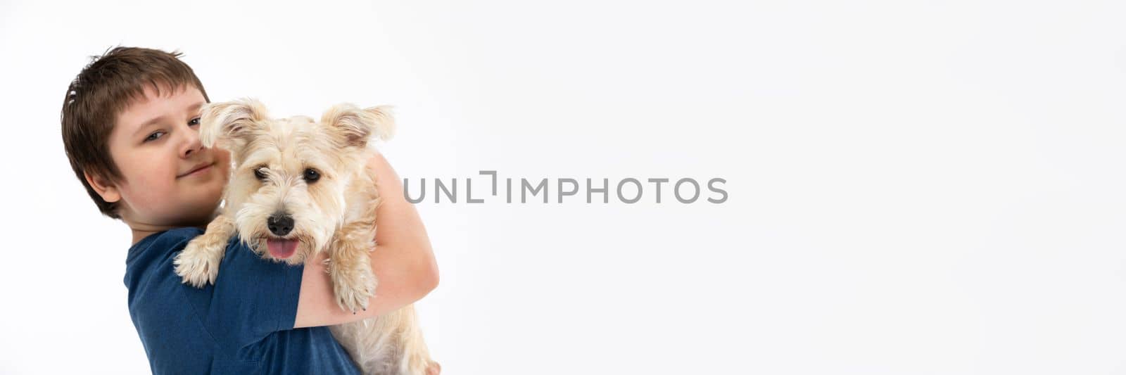 A happy dog sits in his master's arms. Young boy with his dog. Isolated from the background. Panorama.