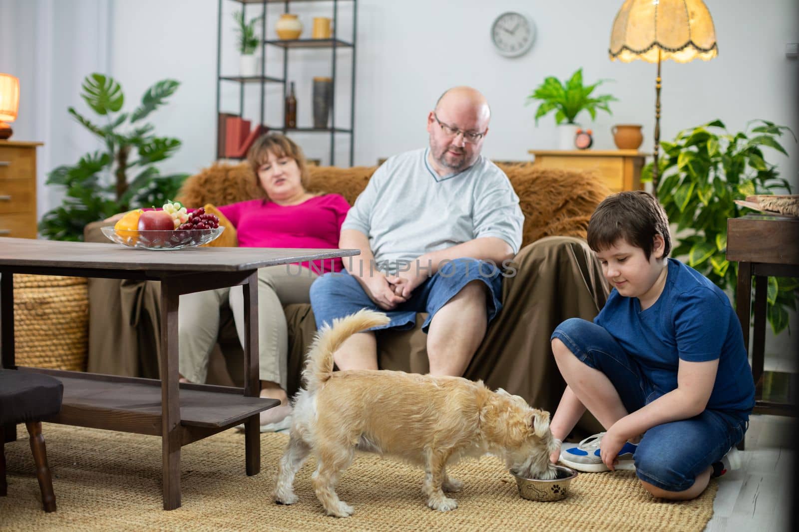A mother and father are sitting on the sofa watching the dog. The teenage son put a bowl of water for the dog and he started drinking it.