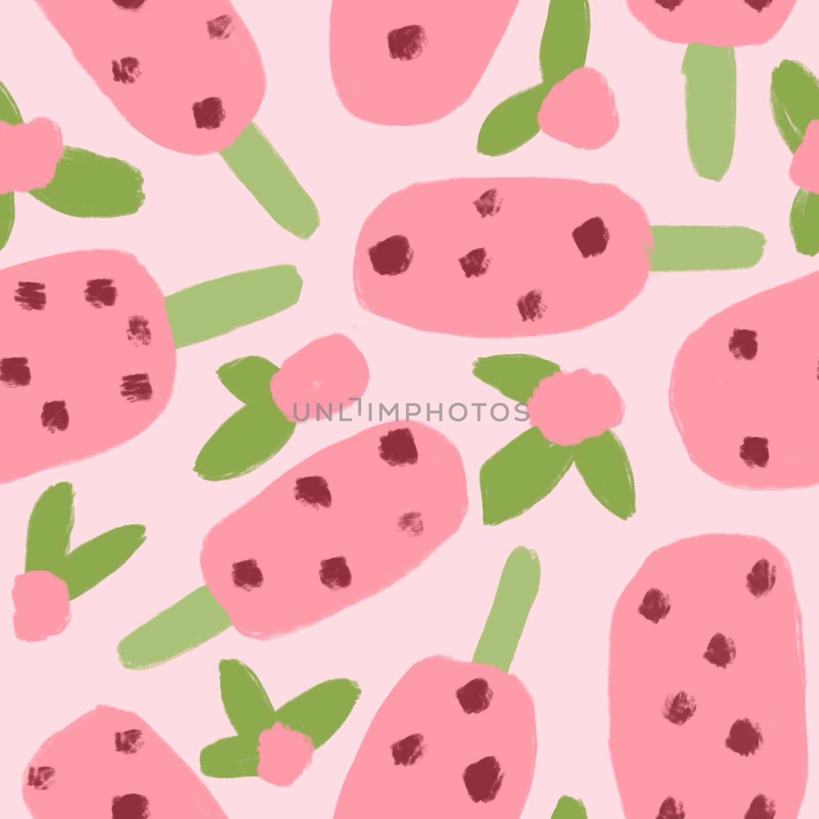 Hand drawn seamless pattern with ice cream popsicle sweet food. Pink rose flowers floral art, summer colorful print with frozen tasty dessert, doodle funny style