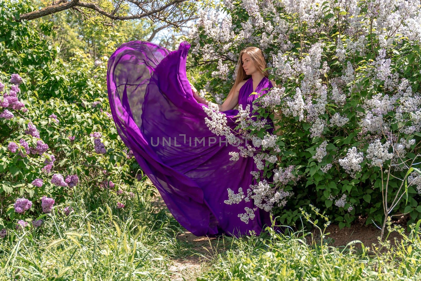 Fashion Model in Lilac Flowers, Young Woman in Beautiful Long Dress Waving on Wind, Outdoor Beauty Portrait in Blooming Garden by Matiunina