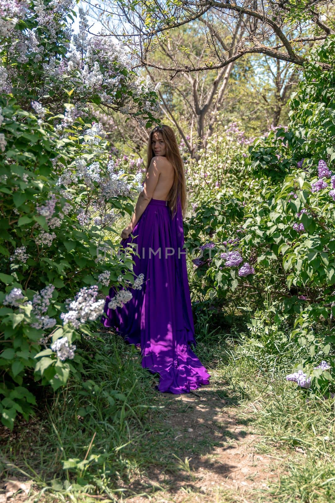 Fashion Model in Lilac Flowers, Young Woman in Beautiful Long Dress Waving on Wind, Outdoor Beauty Portrait in Blooming Garden.