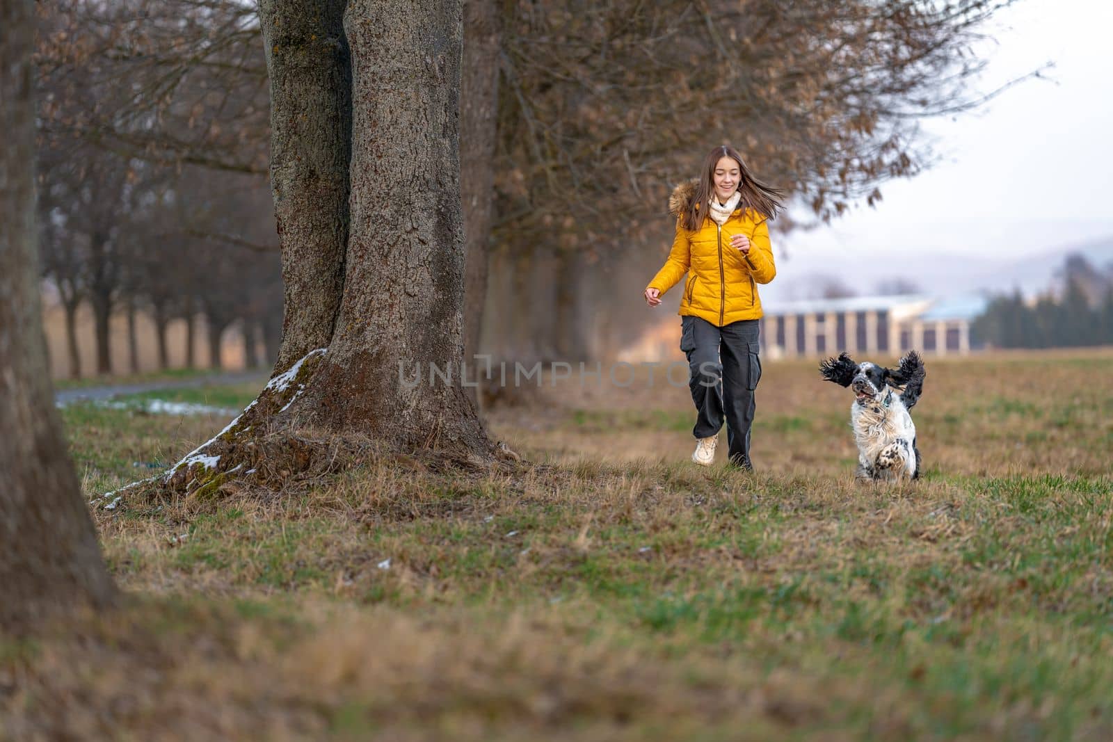 a happy teenager with a dog runs in the park. english setter by Edophoto
