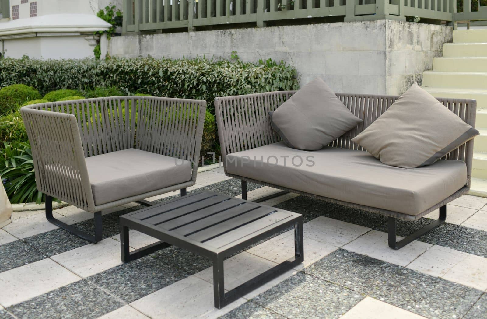 Terrace patio with rattan garden furniture