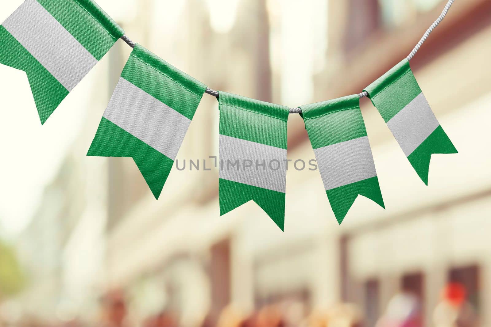 A garland of Nigeria national flags on an abstract blurred background by butenkow