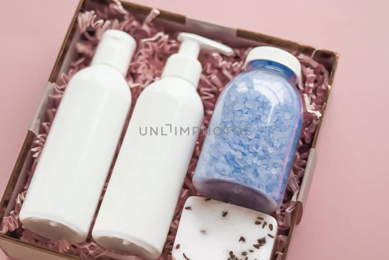 Beauty box subscription package, luxury skincare and body care products, milk lotion, bath salt, soap, shower gel as flat lay, spa cosmetics as holiday gift, online shopping delivery, flatlay.