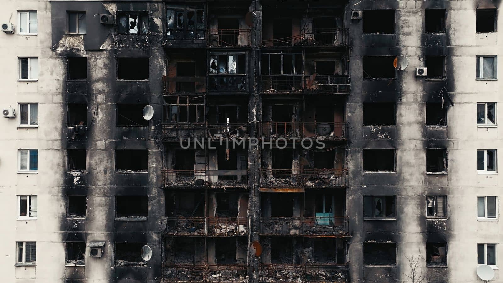 A burnt-out high-rise in the war zone. Damage to a residential building as a result of artillery shelling. War in residential areas, broken windows and burned apartments. Armed conflict in Ukraine.