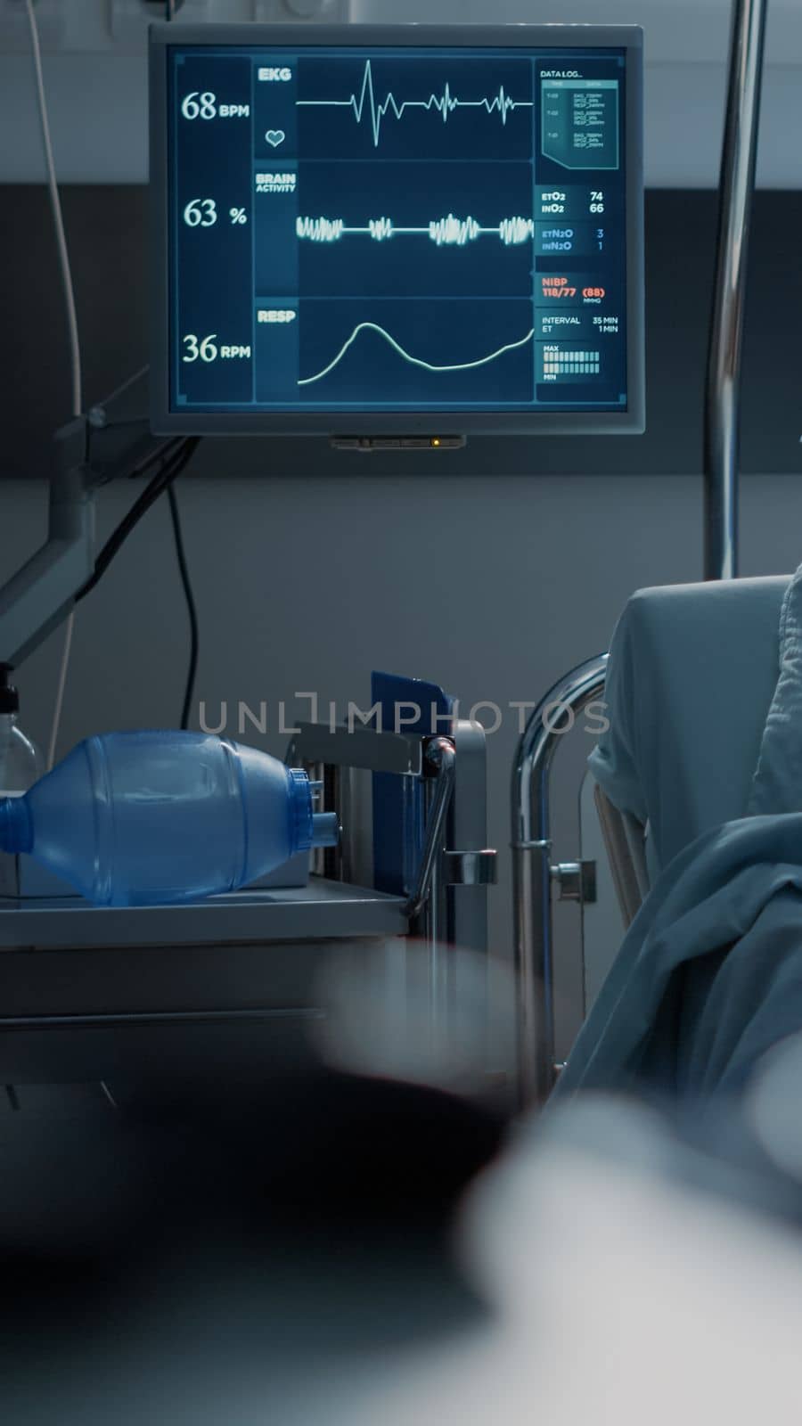 Nobody in hospital ward filled with medical technology to cure health problems, injury, illness and disease. Modern equipment as heart rate monitor, oxygen tube, IV drip bag and wheelchair