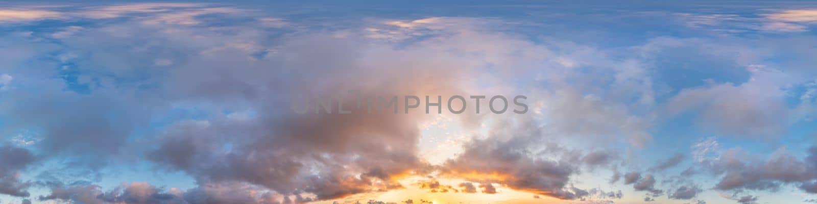 Dark blue sunset sky panorama with pink Cumulus clouds. Seamless hdr 360 pano in spherical equirectangular format. Full zenith for 3D visualization, game, sky replacement for aerial drone panoramas