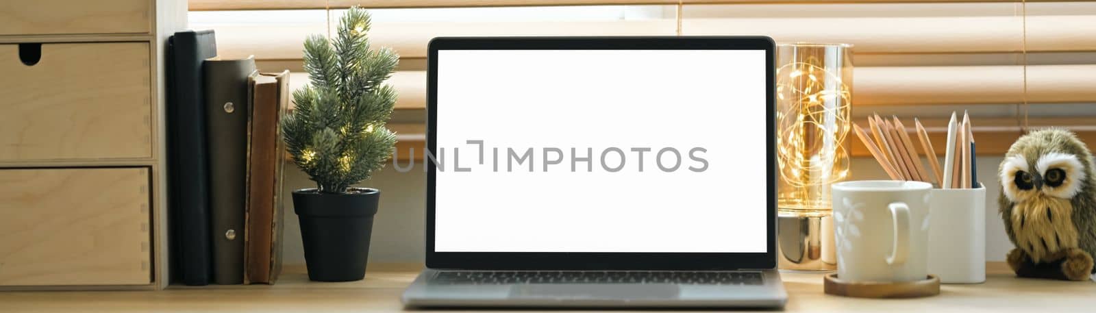 Front view of laptop with white blank display, coffee cup, books and potted plant on wooden counter in cozy home.