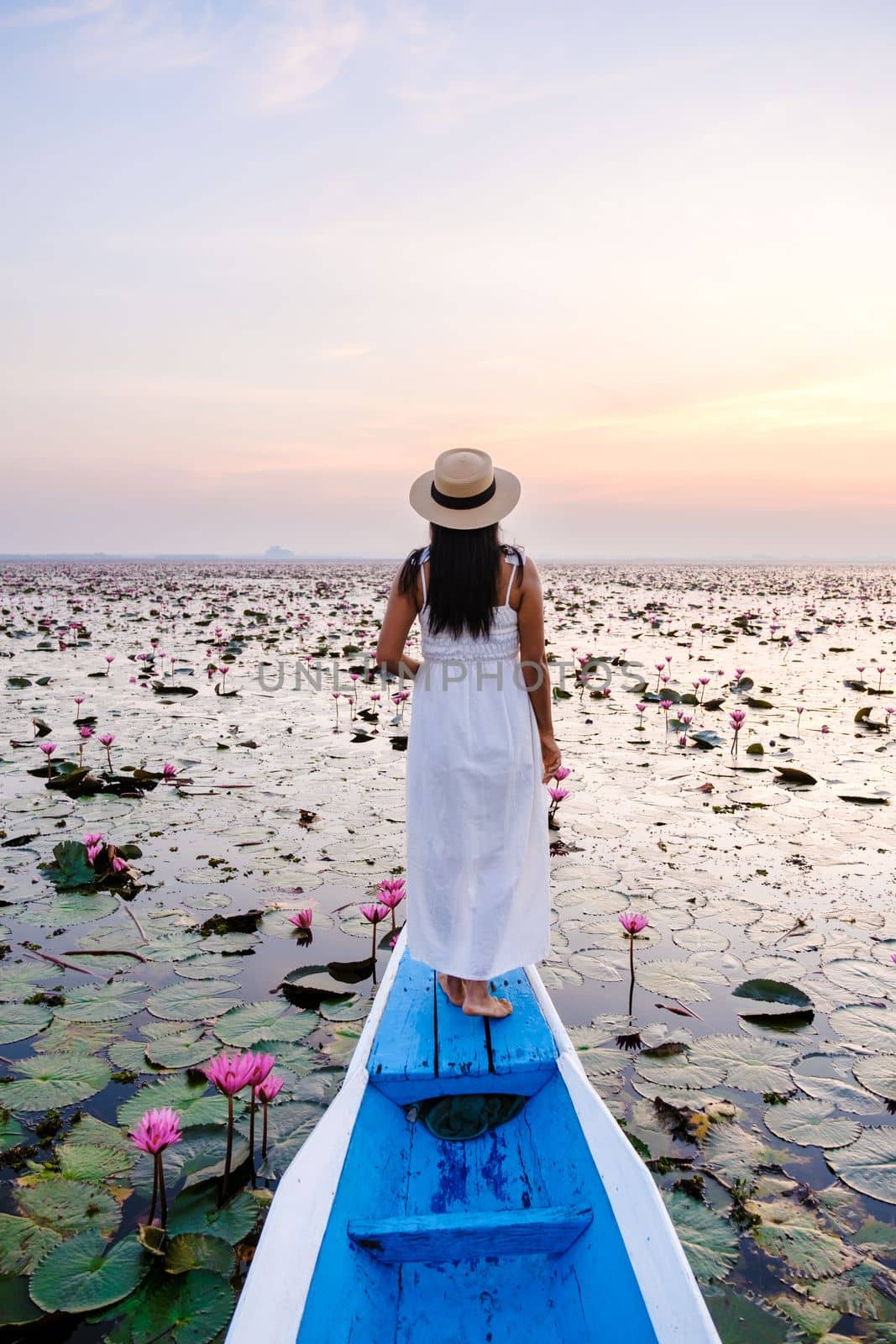 Asian women in a boat at the Red Lotus Sea Kumphawapi full of pink flowers in Udon Thani Thailand. by fokkebok