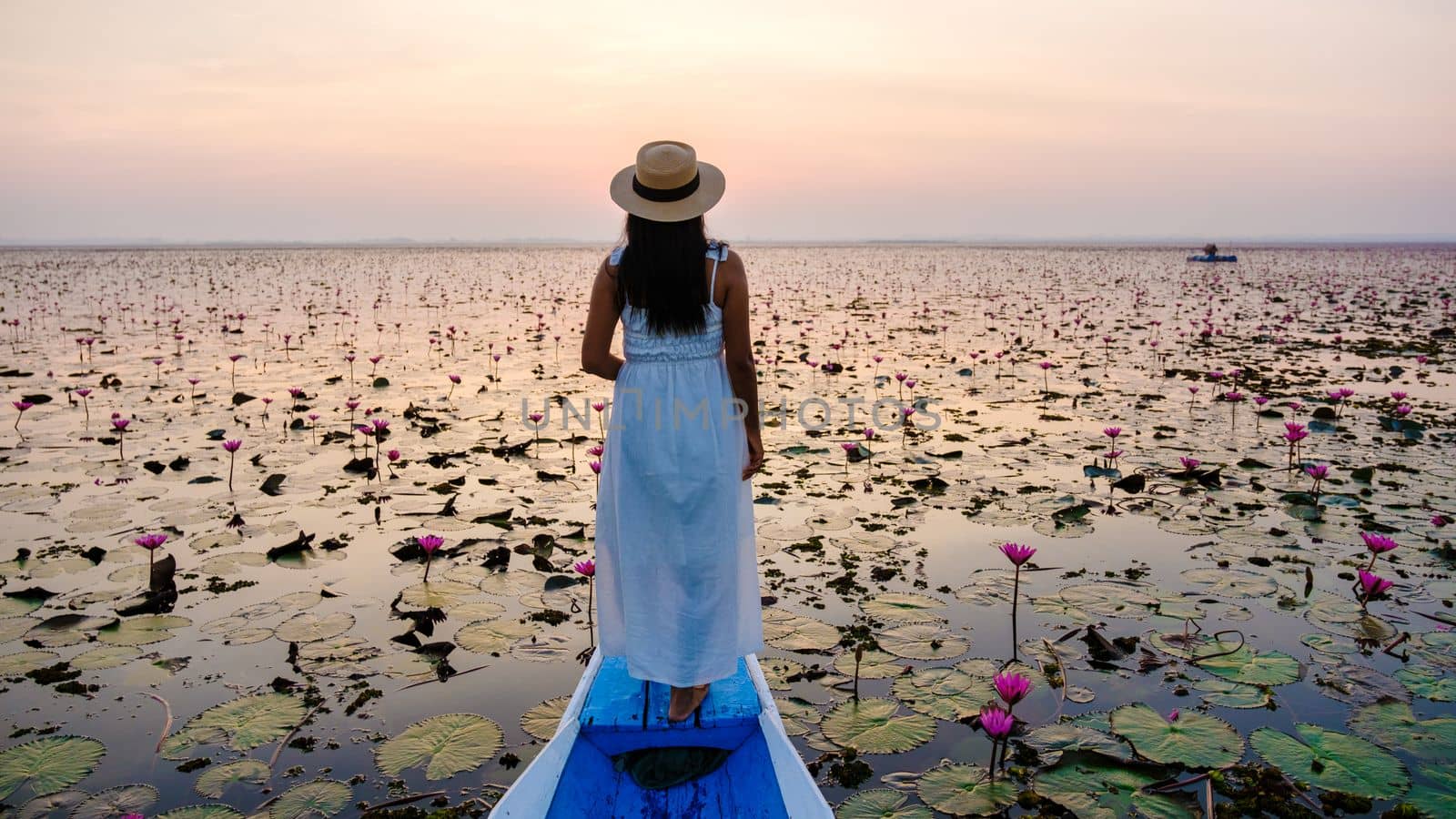 Asian women in a boat at the Red Lotus Sea Kumphawapi full of pink flowers in Udon Thani Thailand. by fokkebok