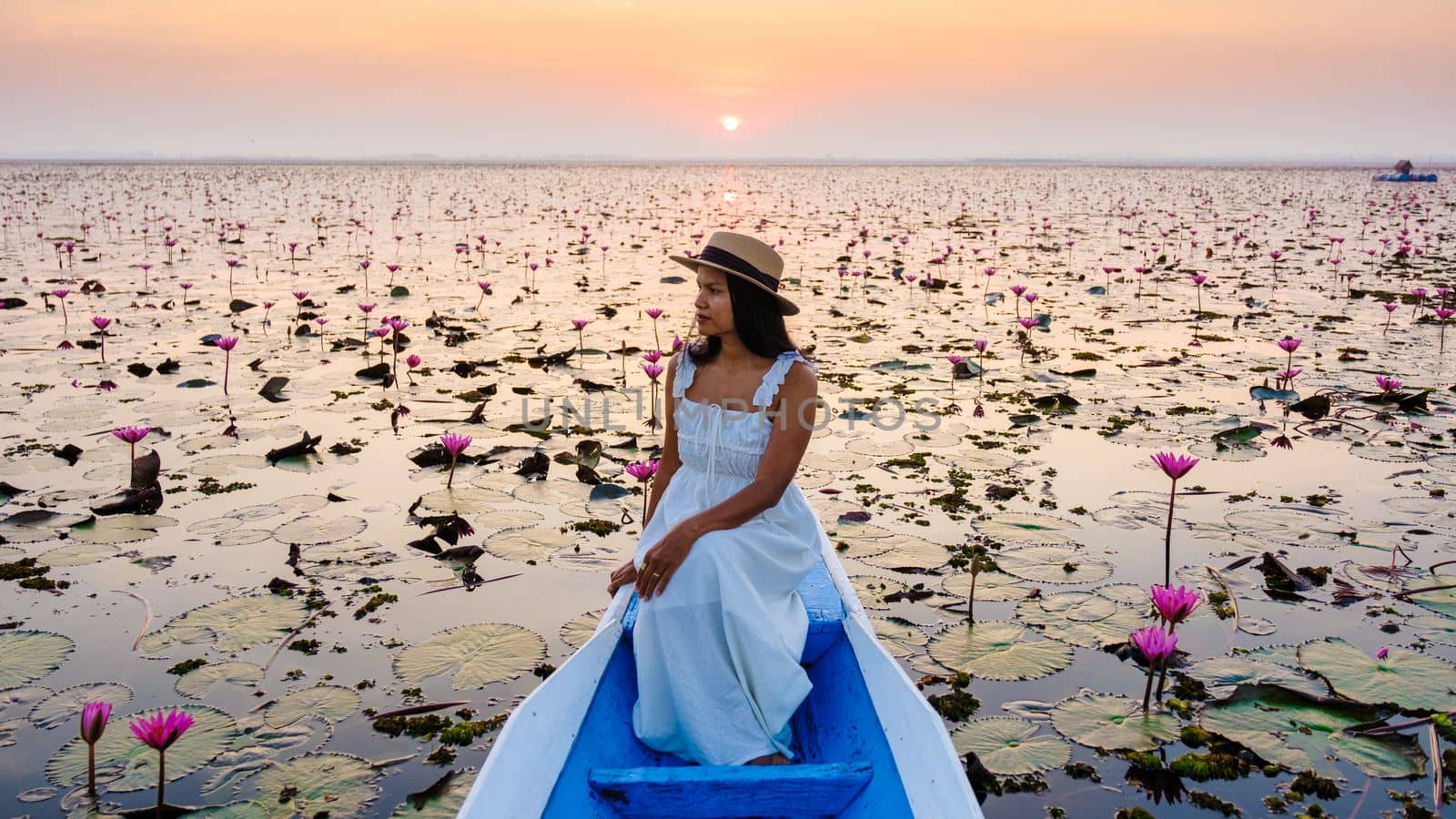 Asian women in a boat at the Red Lotus Sea Kumphawapi full of pink flowers in Udon Thani Thailand. by fokkebok