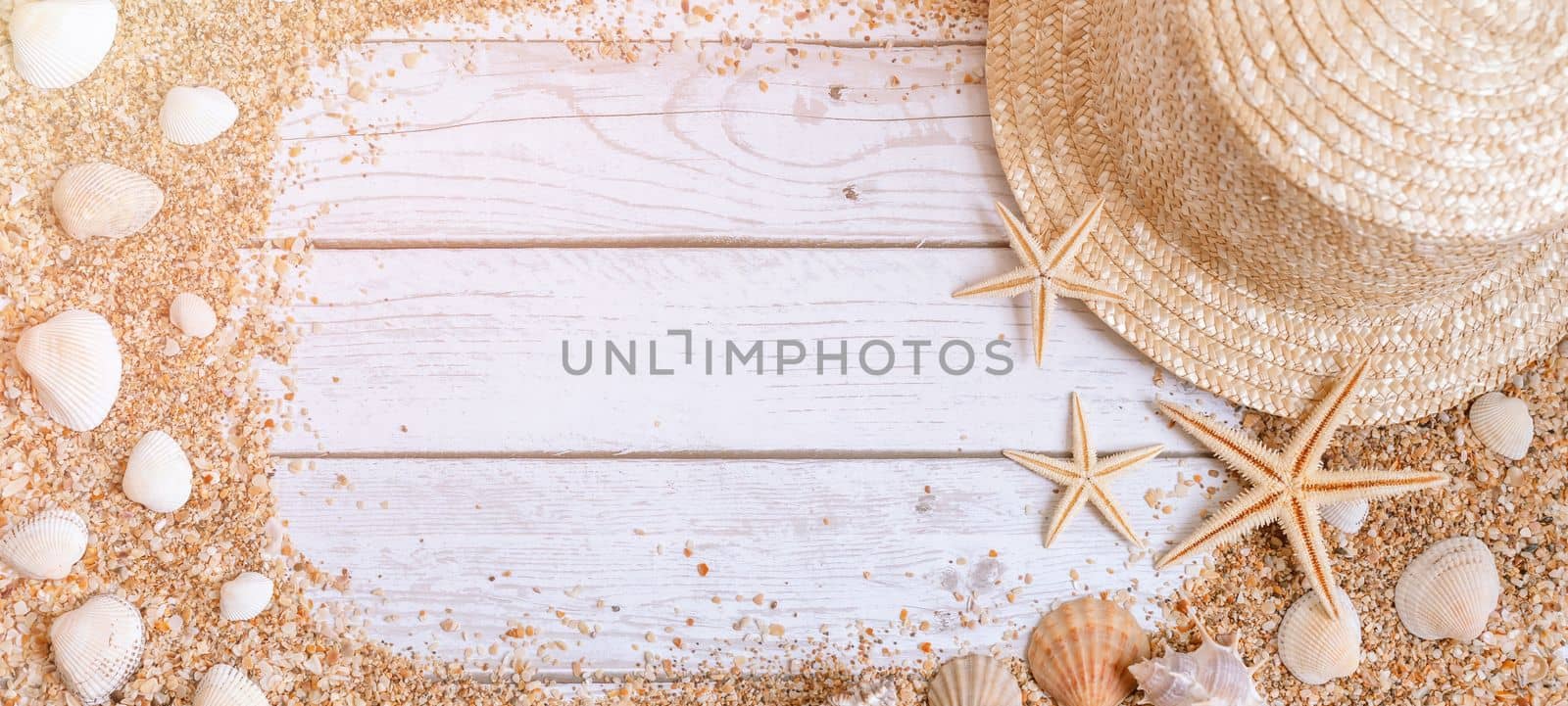 Sand seashells baner background. Summer time concept with sea shells and starfish on wooden background and sand by Matiunina