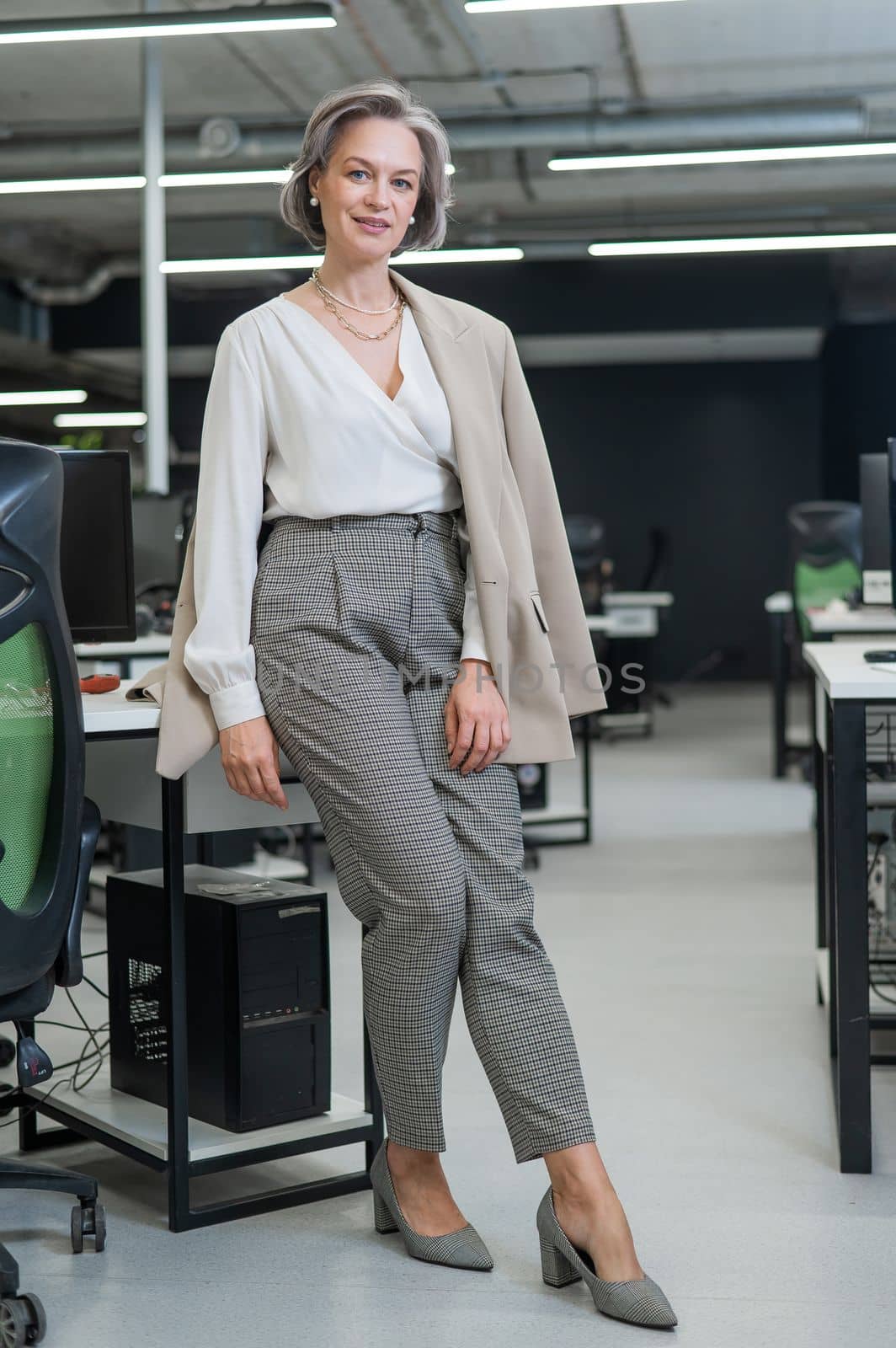 Portrait of a beautiful gray-haired caucasian woman leaning against the desktop in the office. by mrwed54