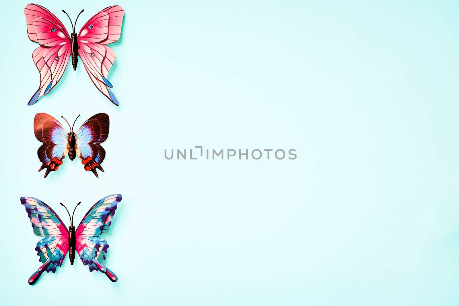 a pad of paper for writing, drawing on and advertise. Multicolored variegated butterflies isolated on emerald green lime