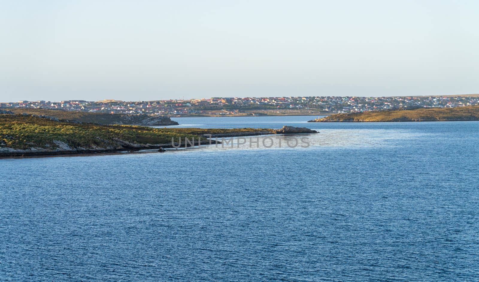 Panorama of the town of Stanley on the Falkland Islands from the ocean