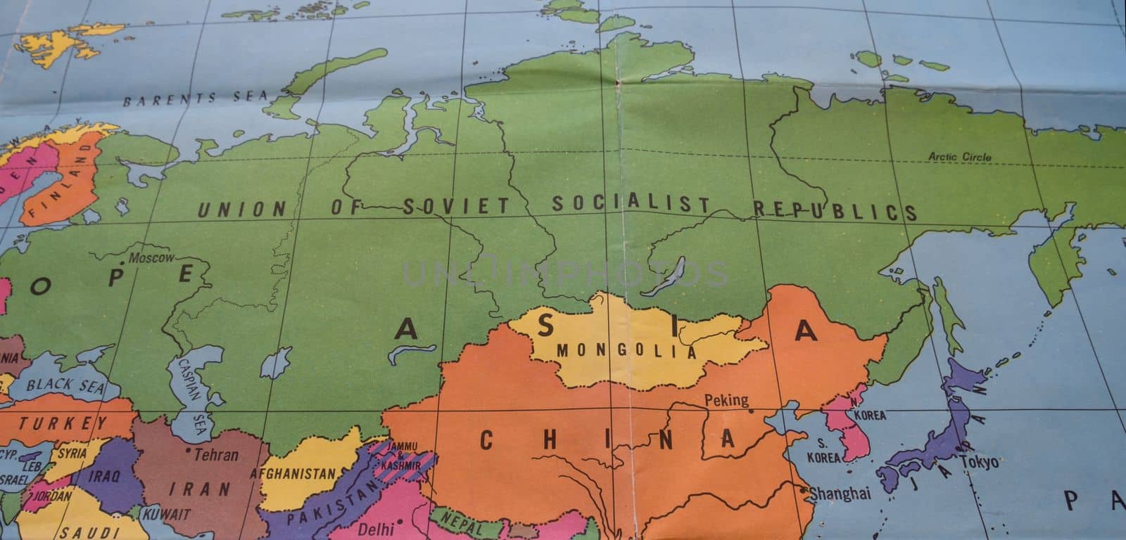 Closeup of colorful vintage map showing boundaries of Soviet Union, USSR. High quality photo