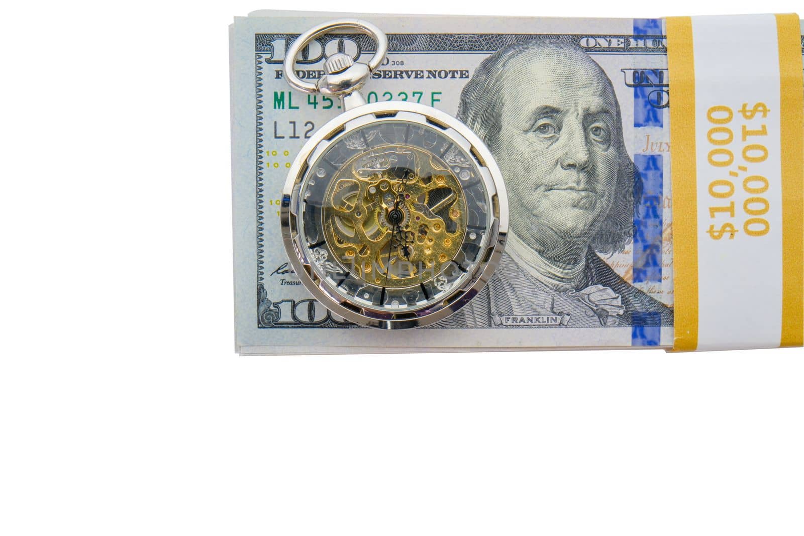 Stack of 10,000 in hundred dollar bills banded with gold band, with a modern pocket watch placed on top, white background, clipping path. Concept time is money. High quality photo