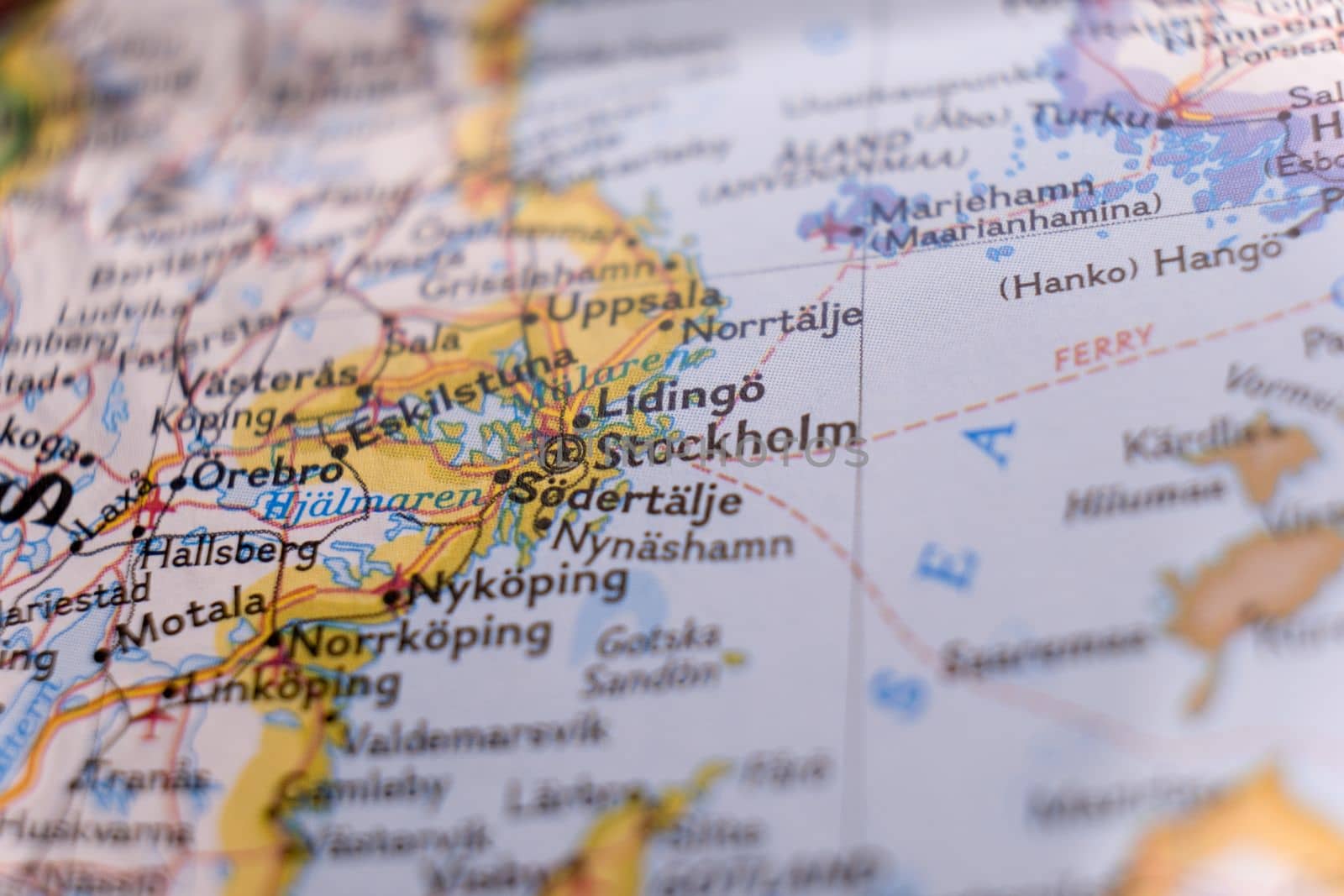 Close up of Stockholm, Sweden on colorful map with selective focus, shallow depth of field, background blur. High quality photo