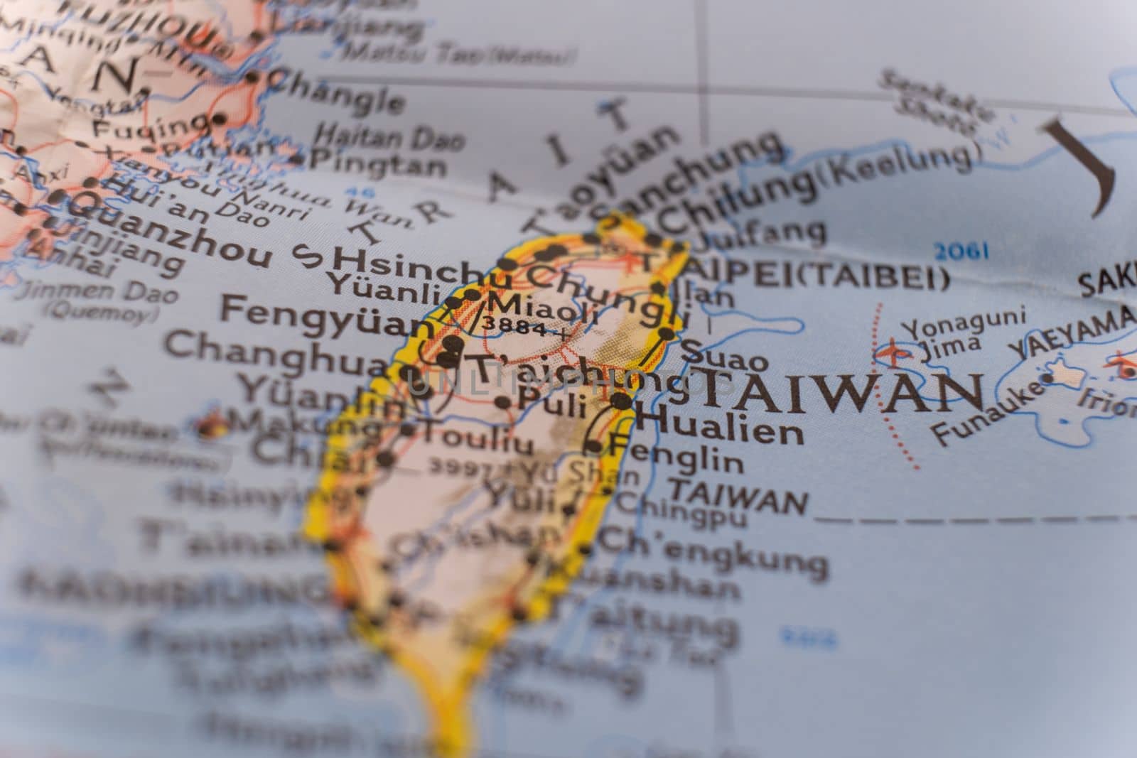 Close up of Taiwan on colorful map with selective focus, shallow depth of field, background blur. High quality photo