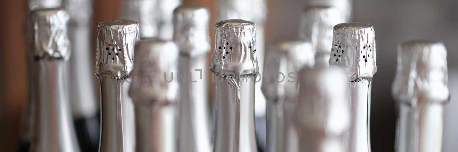 Bottles of champagne are on display in restaurant. Selection of high-quality elite champagne concept