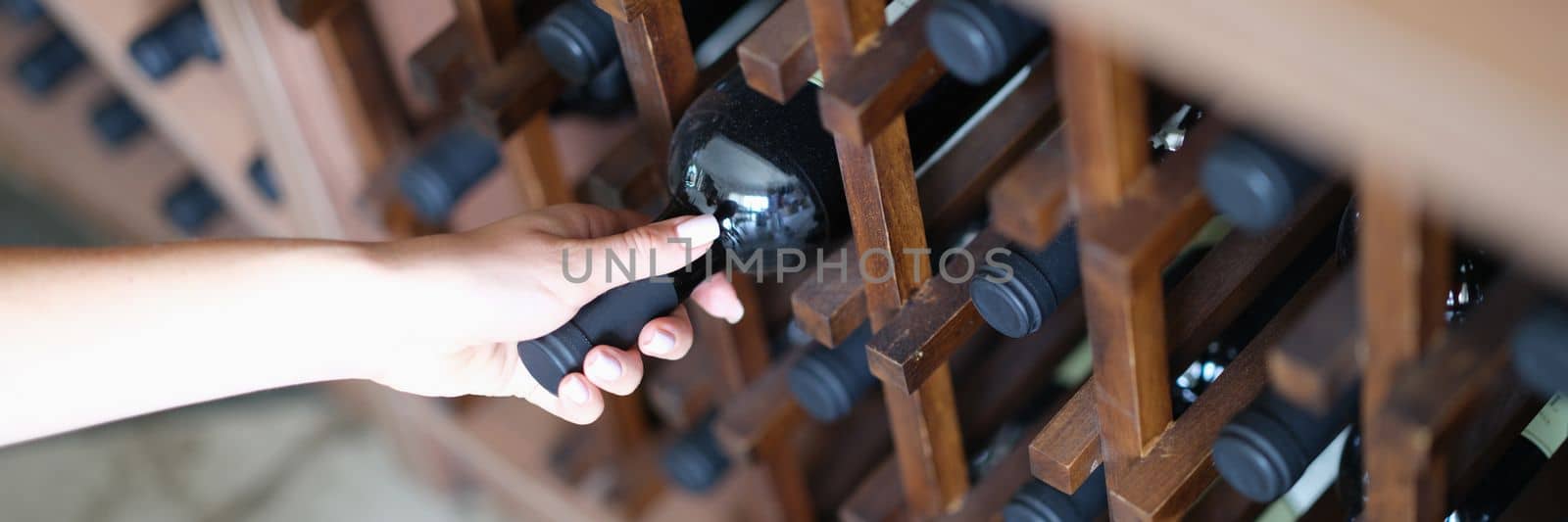 Woman chooses bottle of wine in cellar closeup. Expensive collectible red wines concept