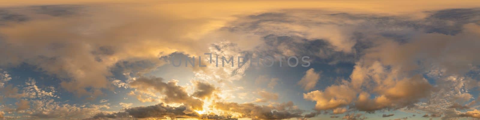 Sky panorama with Cirrus clouds in Seamless spherical equirectangular format. Full zenith for use in 3D graphics, game and editing aerial drone 360 degree panoramas for sky replacement