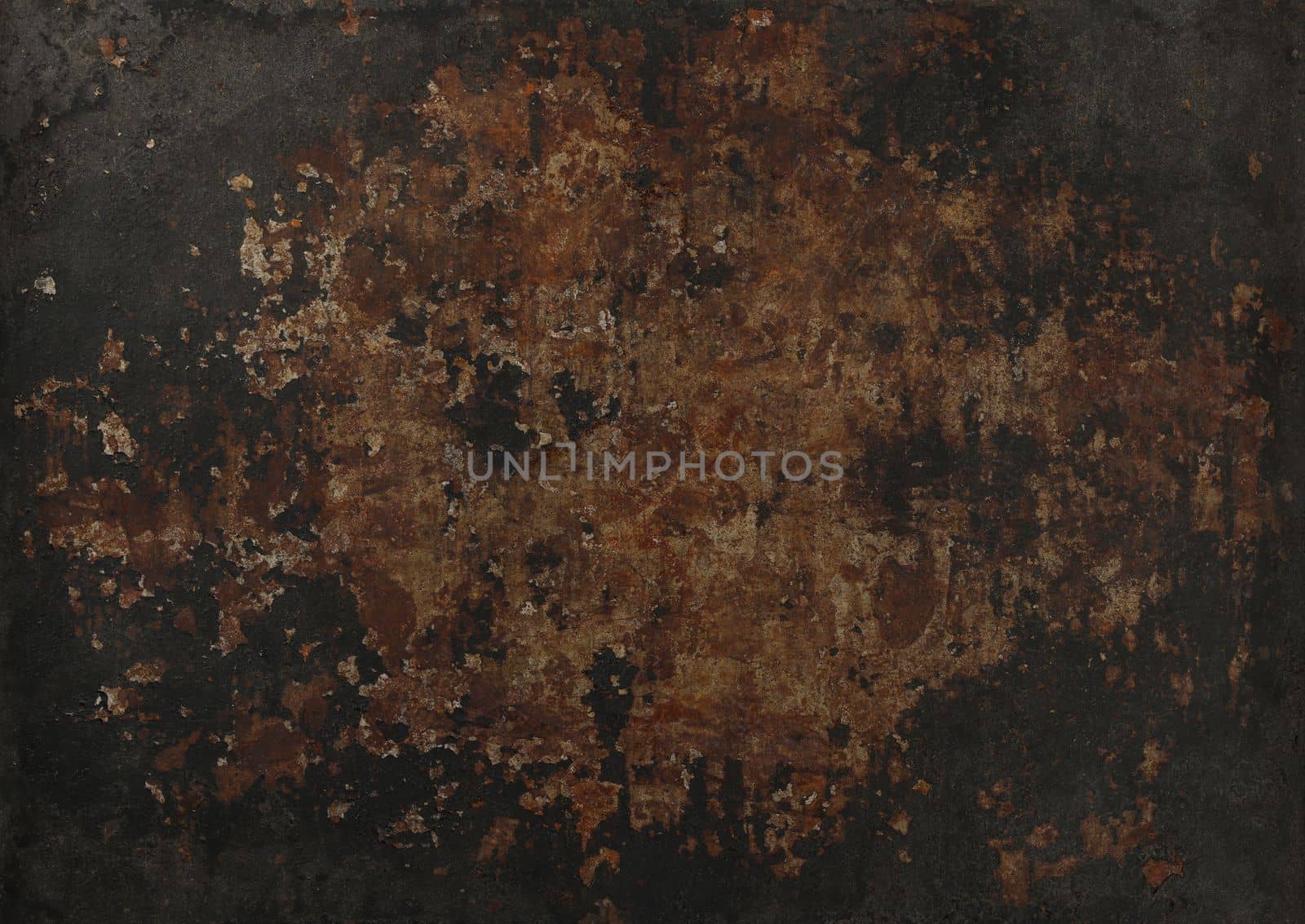 Close up grunge brown abstract uneven background texture of vintage weathered corroded rusty metal surface with dark vignette frame