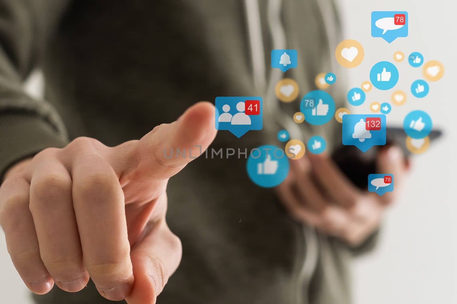 Businessman pressing modern social buttons on a virtual background by Andelov13