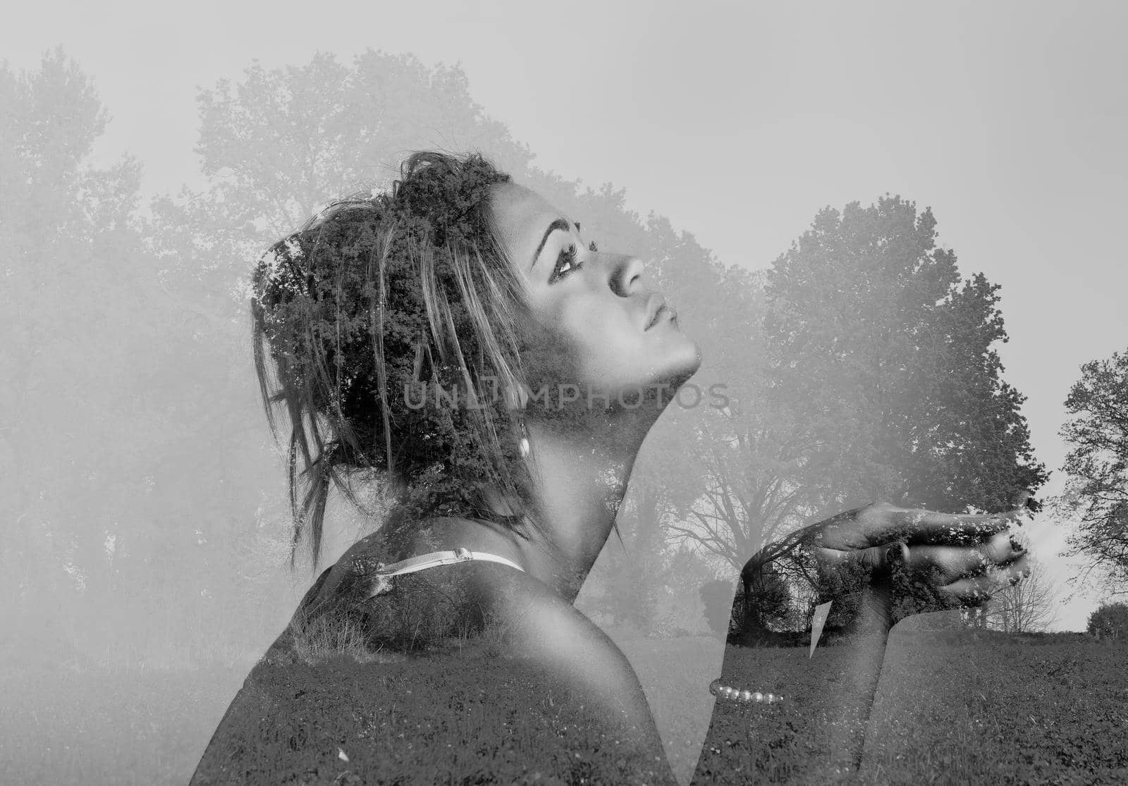 View of girl and tree in Double exposure